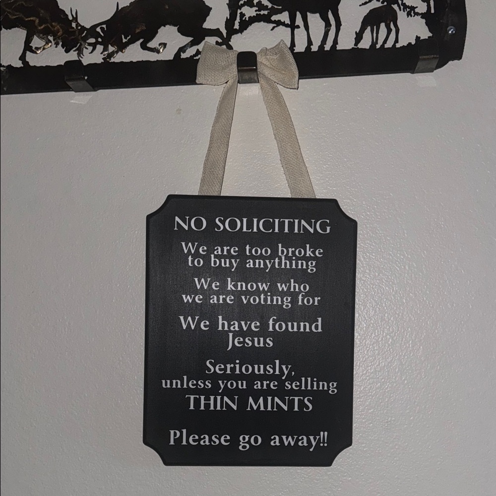 No Soliciting Hanging Sign - Solid Thick Wood Board with white bow - comical